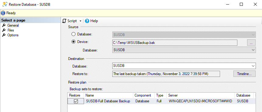 restoring WSUS from backup